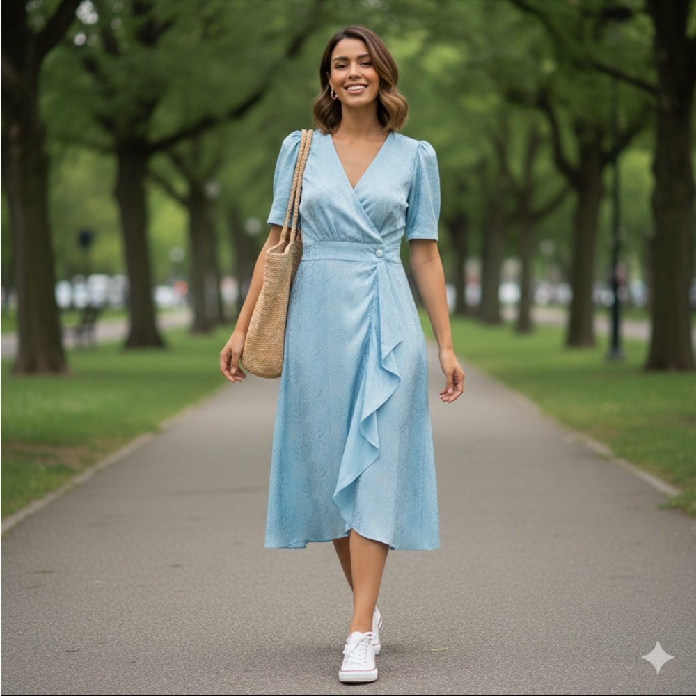 Orite Vintage Light Blue Short Sleeve Satin Dress with Wrap Waterfall Skirt